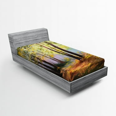 Country Fitted Sheet, Image of Spring Landscape in Forest with Falling Leaf and Various Trees Mod Print, Soft Decorative Fabric Bedding, Twin XL Size, Brown Green, by Ambesonne