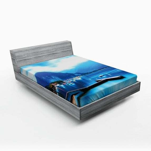 Ambesonne Blue Fitted Sheet, Italian Harbor Village, Full Size, Blue