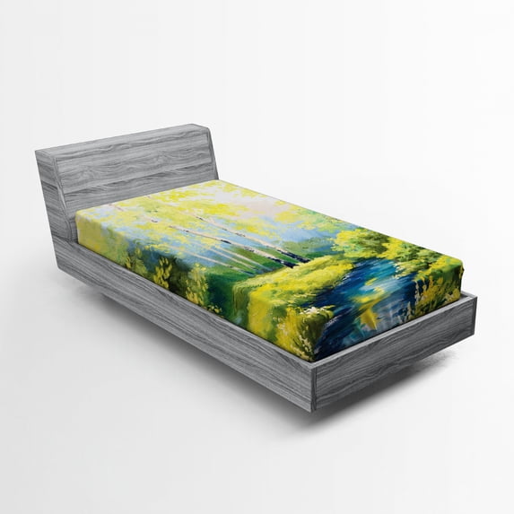 Ambesonne Spring Fitted Sheet, Pastoral Forest Woods, Twin XL Size, Green Blue
