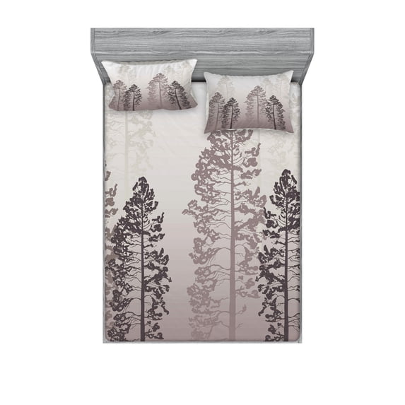 Country Fitted Sheet & Pillow Sham Set, Pine Trees in the Forest on Foggy Seem Ombre Backdrop Wildlife Adventure Art, Decorative 6 Piece Bedding Decor Set, Calking, Pale Mauve Taupe, by Ambesonne