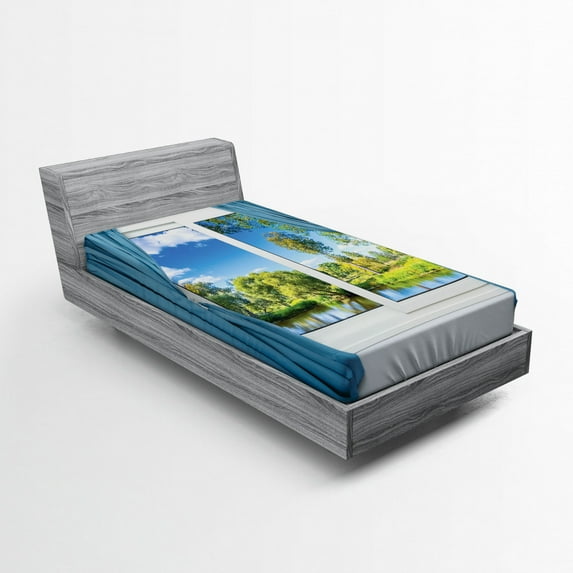 Country Fitted Sheet, Rural View from the Window Reflection in Water Lake Tree in Summertime, Soft Decorative Fabric Bedding, Twin Size, Slate Blue Green White, by Ambesonne