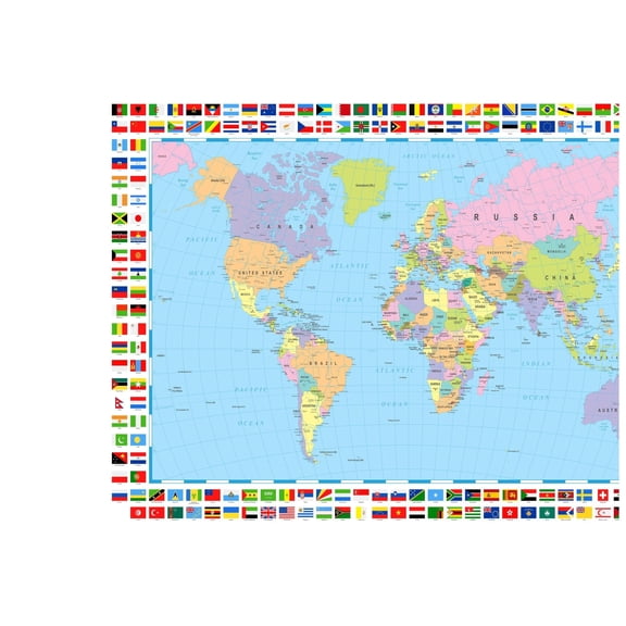 Country Flags World Map Poster Political Geography Study Guide