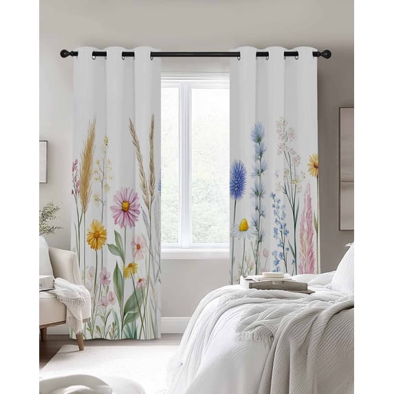 Country Floral Blackout Curtains 2 Panels Pastoral Wild Flowers Colorful Plant Thermal Insulated Grommet Window Curtains for Bedroom Living Room 42"x45"