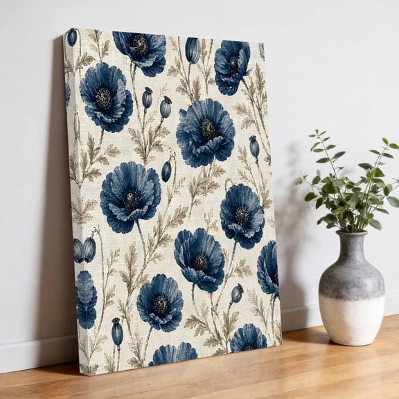 Country Floral Canvas Wall Art, Navy Blue Poppy Leaf Vintage Botanical Linen Pictures Wall Decor Wooden Framed Artwork Art Prints for Living Room Hallway Bedroom Office 8"x10"