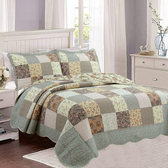 Country Floral Chic Scalloped Patchwork Cotton 3-Piece Quilt Bedding Set