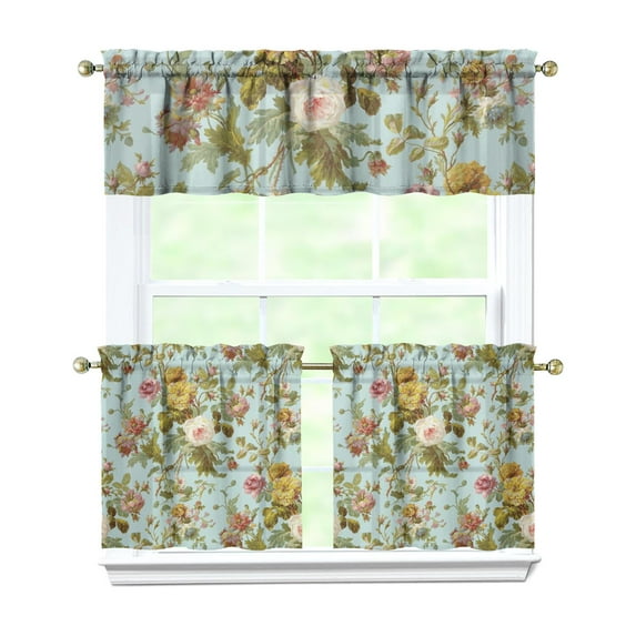Country Floral Curtains 24 Inch - 3 Panel Vintage Farmhouse Set with Bohemian Wildflower Print, Rod Pocket for Rustic Kitchen Decor