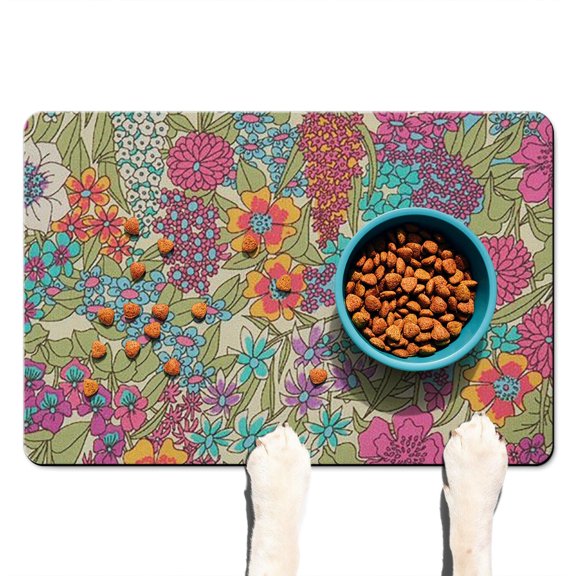 Country Floral Dog Feeding Mat - Farmhouse Style Bloom Design, Non-Slip Absorbent Pet Food Catcher