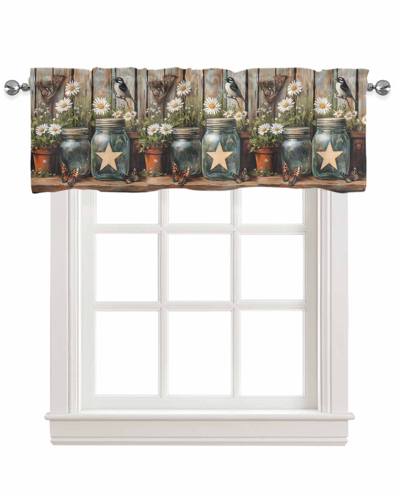 Country Floral Kitchen Valances for Windows Farmhouse Linen Window Valance Curtain for Living Room Window Treatment Western Texas Stars Butterfly Barn Door Valance Rod Pocket Topper, 60 x 18 Inch