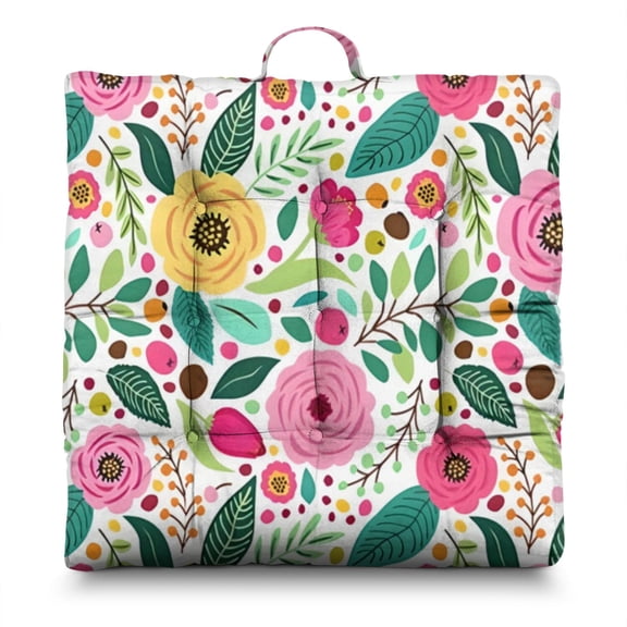Country Floral Meditation Seat - Soft Square Cushion with Rustic Flower and Bee Illustration