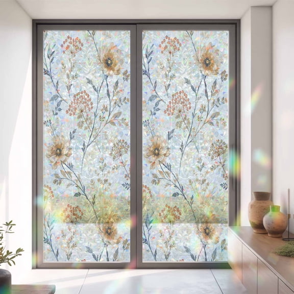 Country Floral Ombre Herb Window Privacy Film,Decorative Windows Static Cling Retro Blossom Flower Heat Control Removable Glass Sticker for Home Bathroom Bedroom Window Door,35x79in
