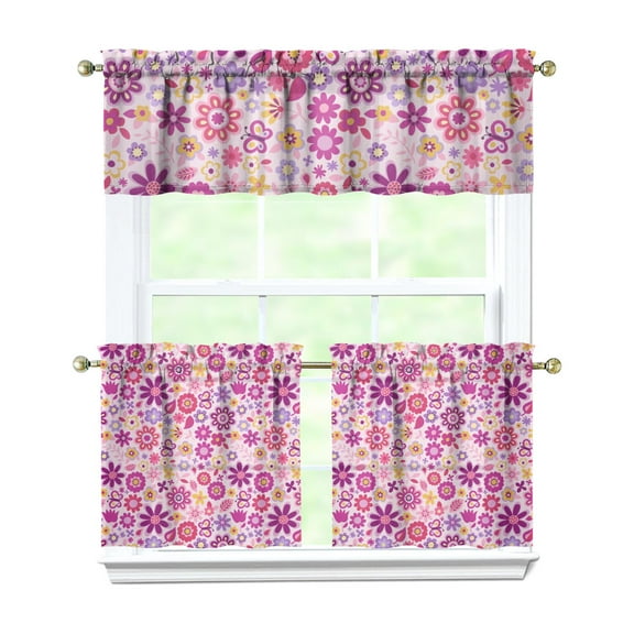 Country Floral Print Curtains 24" Short - 3 Panel Vintage Farmhouse Set with Bohemian Botanicals, Rod Pocket Window Treatment