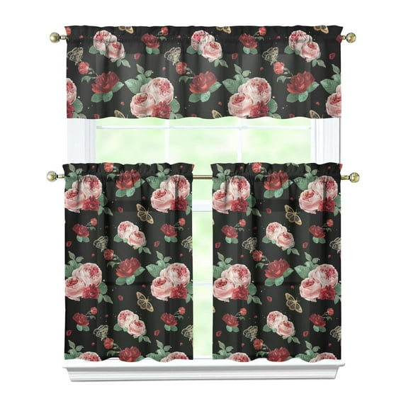 Country Floral Print Curtains 36 Inch Short - 3 Panel Vintage Farmhouse Set with Bohemian Botanicals, Rod Pocket Treatment