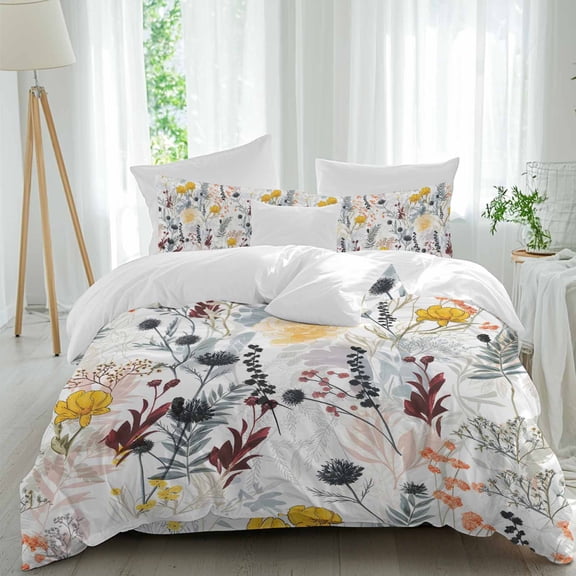 Country Floral Queen Size Comforter Set, Watercolors Art Wildflowers Dandelion Leaves Bedding for All Seasons, 4 Pcs Bed Set, 1Quiltcover (90"x92") ,1Sheet(94"x116"), 2Pillowcases (30"x20")