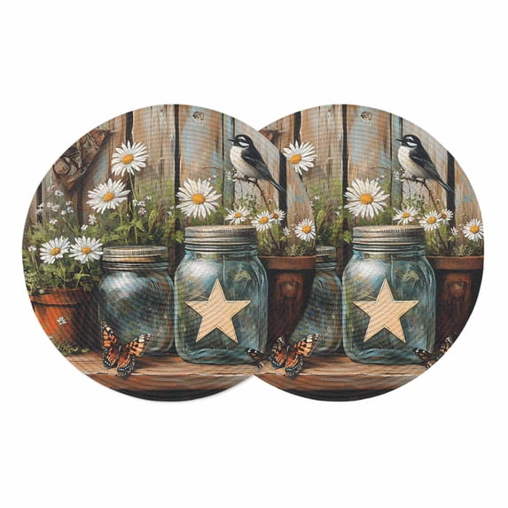 Country Floral Round 15 Inch Placemats Set of 2, Western Texas Stars Butterfly Barn Door HeatResistant Non Slip Place Mats for Dining Table, Wipeable Braided Kitchen Table Mats for Housewarming