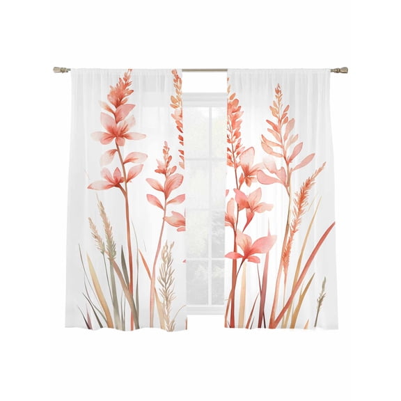 Country Floral Sheer Curtains 2 Panels Set Watercolor Vintage Orange Red Gradient Flower Green Plant Leaf Sheer Window Curtains Light Filtering Rod Pocket Voile Drapes for Bedroom 52"x63"