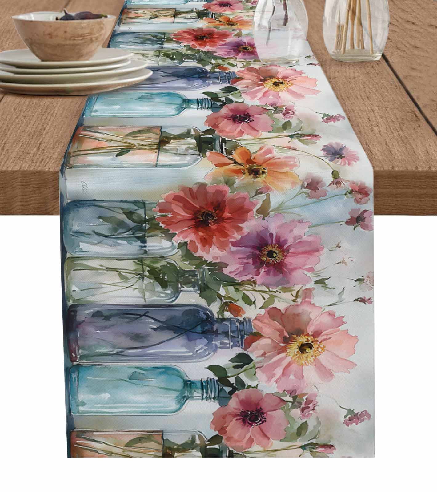 Spring Table Runner 108 Country Floral Table Runner 108 Inches, Retro Farmhouse Spring Flowers ...