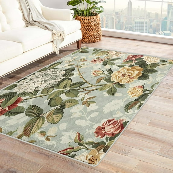 Country Floral Throw Rug Washable Hydrangea Rugs For Entryway Bedroom Kitchen, Rose Area Rug For Home Decor, Non Slip Backing Indoor Floor Mat Carpet 4x5ft