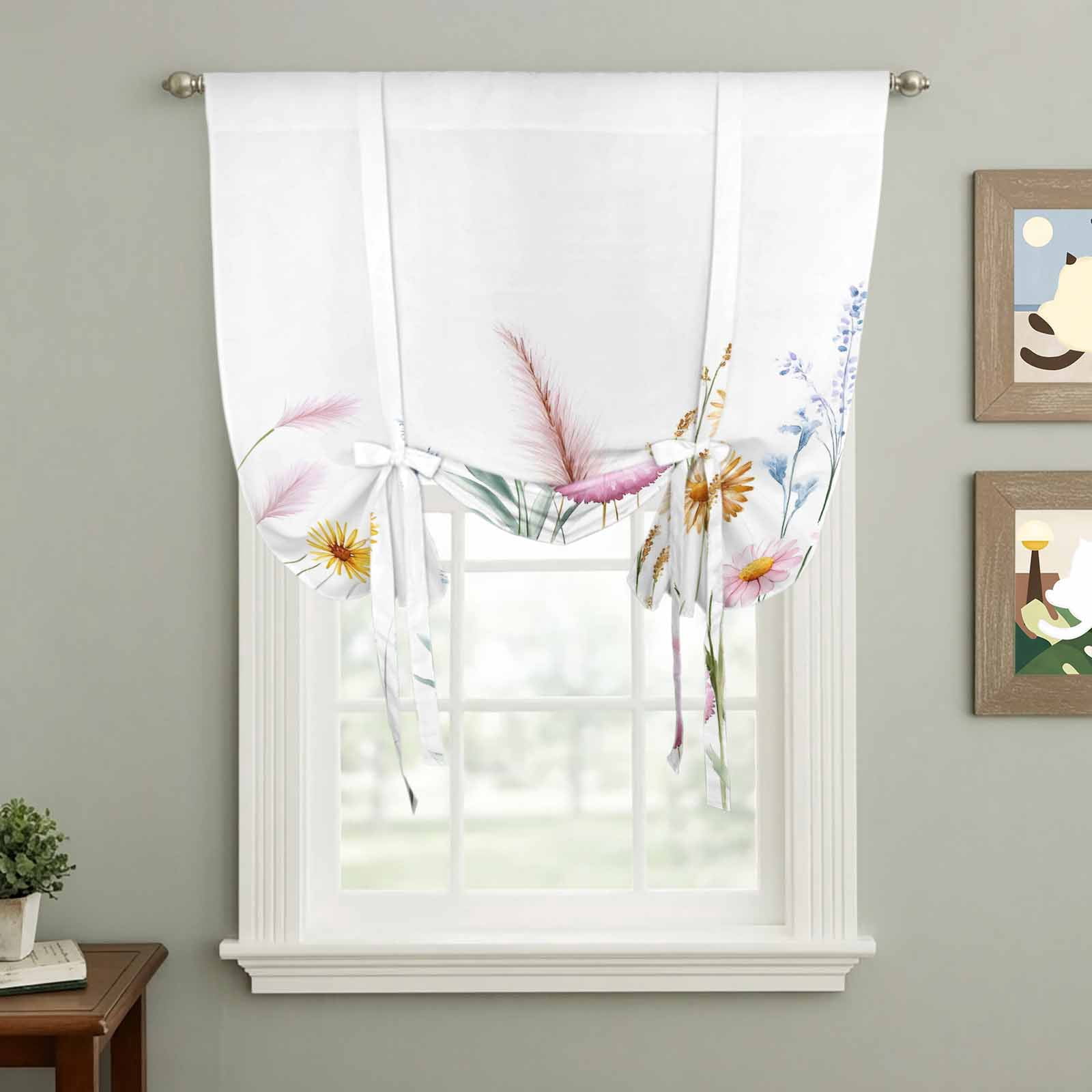 Country Floral Tie Up Curtain 45 Inches Long, Pastoral Wild Flowers ...
