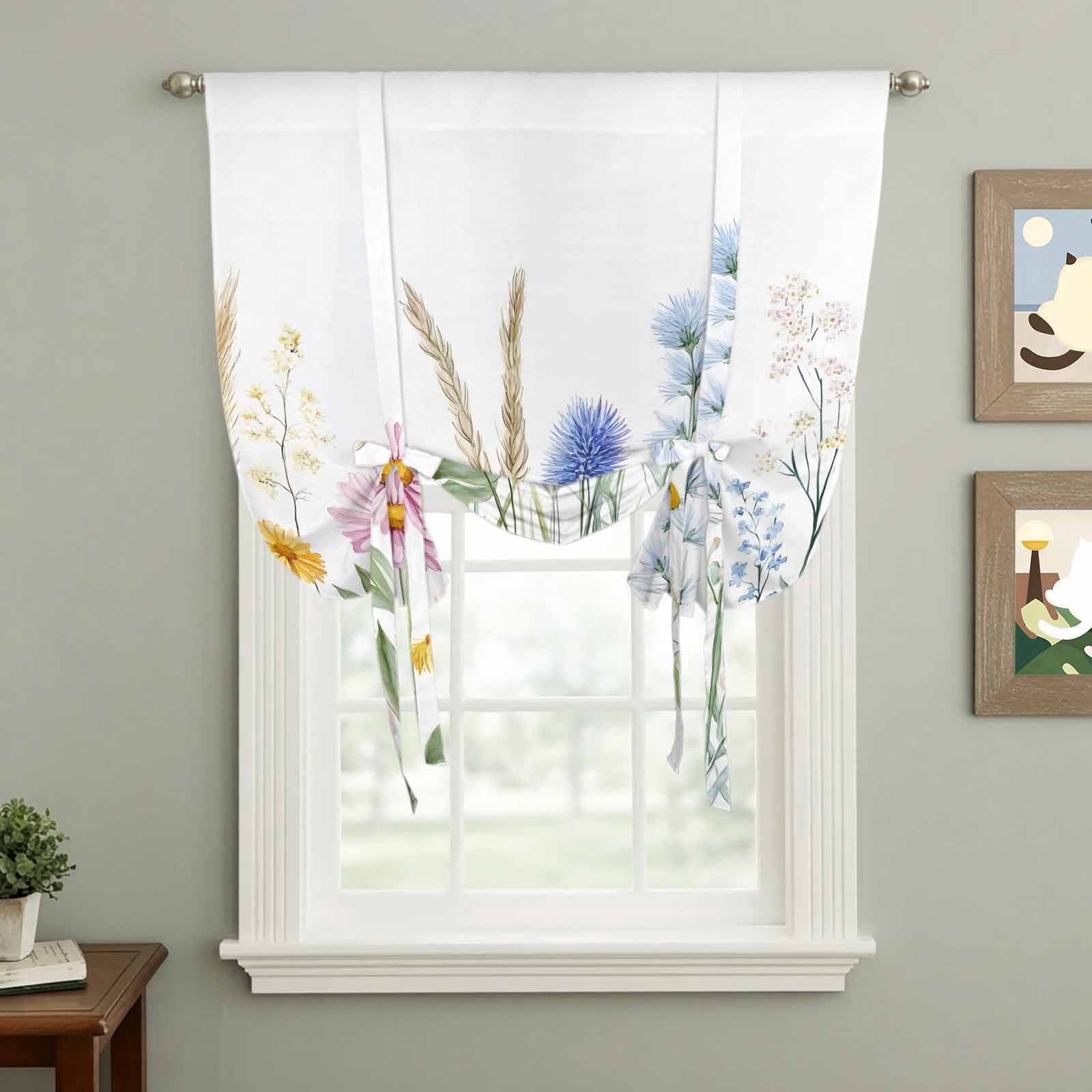 Country Floral Tie Up Curtain 63 Inches Long, Pastoral Wild Flowers ...
