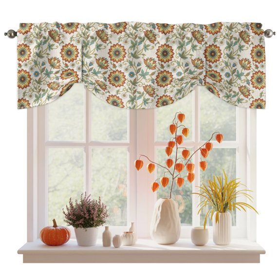Country Floral Tie Up Valance Curtains for Windows, Kitchen Curtains Window Treatments, Chic Colorful Botanical Flowers Leaves Short Window Shades Valances for Bedroom Bathroom Cafe 42"x18"