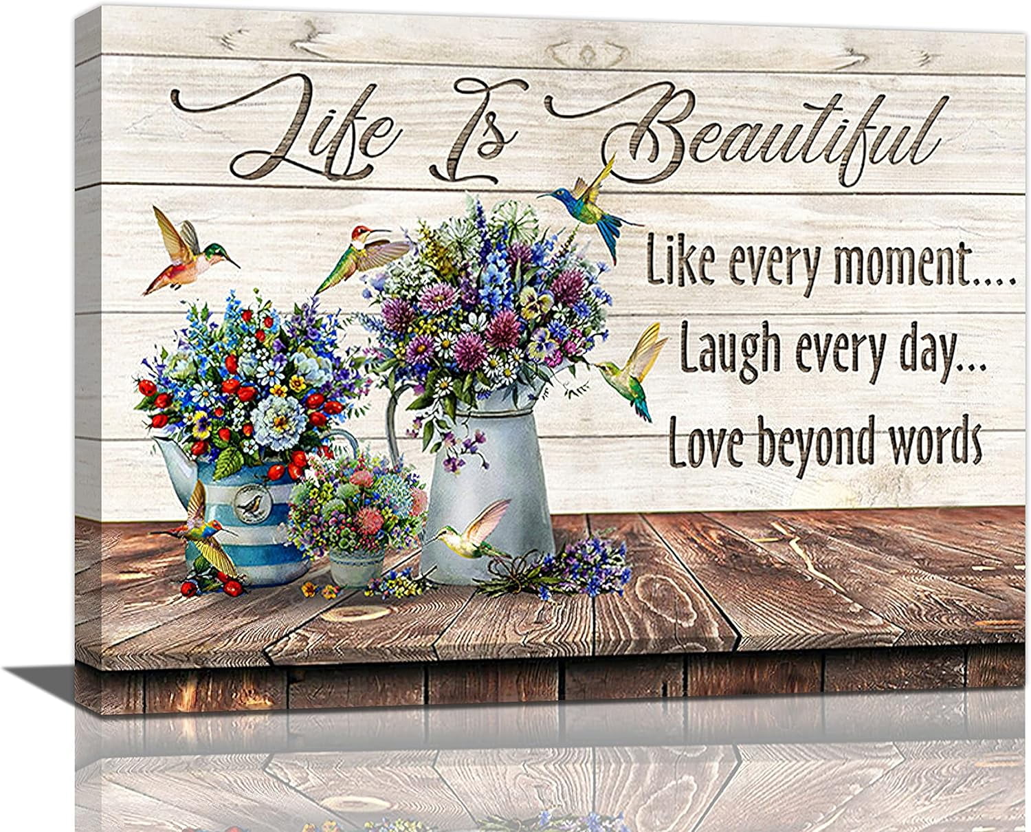 Country Floral Wall Art Farmhouse Flower Hummingbird Pictures Wall Decor Rustic Inspirational Canvas Prints Painting Artwork Home Decorations for Bathroom Living Room Bedroom Office Framed 16"x12"