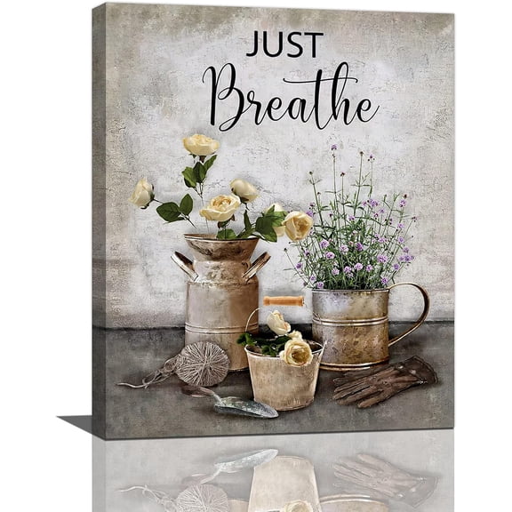 Country Floral Wall Art Farmhouse Flower Pictures Wall Decor Rustic Just Breathe Canvas Painting Artwork Home Decorations for Bathroom Office Living Room Framed 16"x20"
