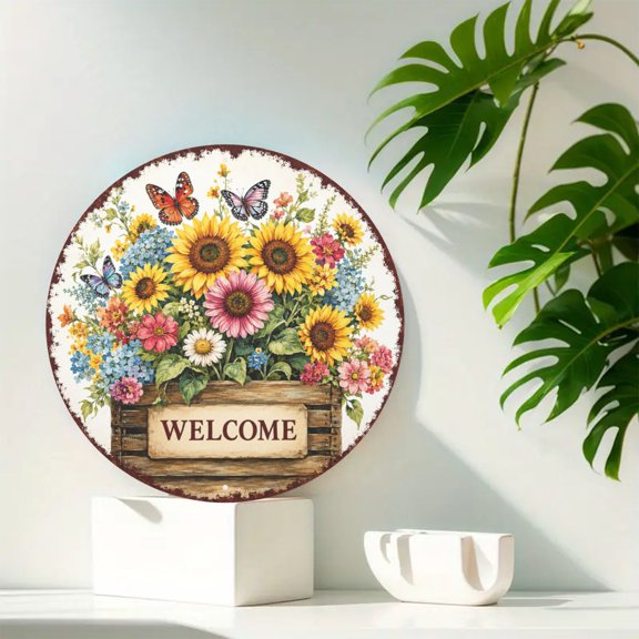 Country Floral Welcome Wreath Round Metal Tin Sign For Home Garden Kitchen Bar Cafe Restaurant Wall Decor 8x8 Inch Round