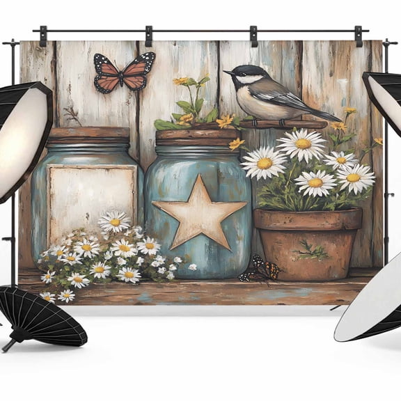 Country Flower Backdrop for Photoshoot,Photography Photo Studio Background Wall Backdrop,Retro Western Texas Star Butterfly Bird Back Drop Banner Panel for Portraits Wedding Live Streaming 8x6Ft