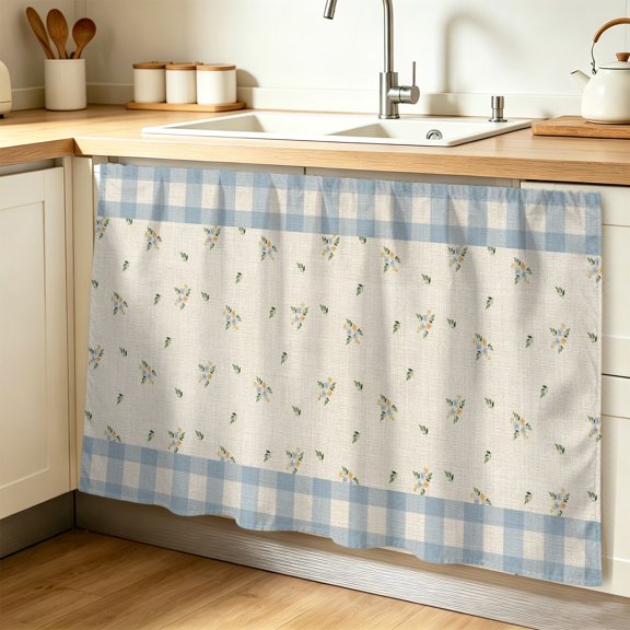 Country Flower Cabinet Curtain, Farmhouse Rustic Blue Gingham Checkered Borders Sink Skirt for Bathroom, Under Sink shelf Curtain Privacy Drape for Kitchen Laundry Room 28x51in