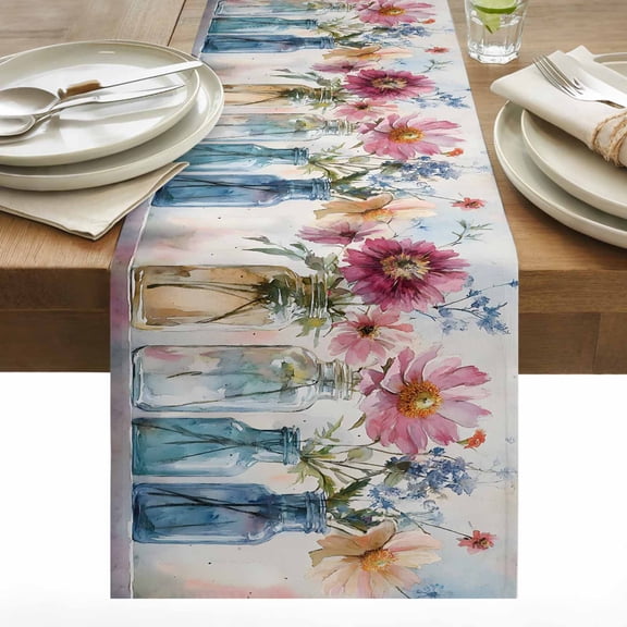Country Flower Cotton Linen Table Runner Oil Painting Watercolor Colorful Floral Green Leaf Vintage Dining Table Runners for Home Decor Party Dining Room Restaurant Kitchen 13" x 36"