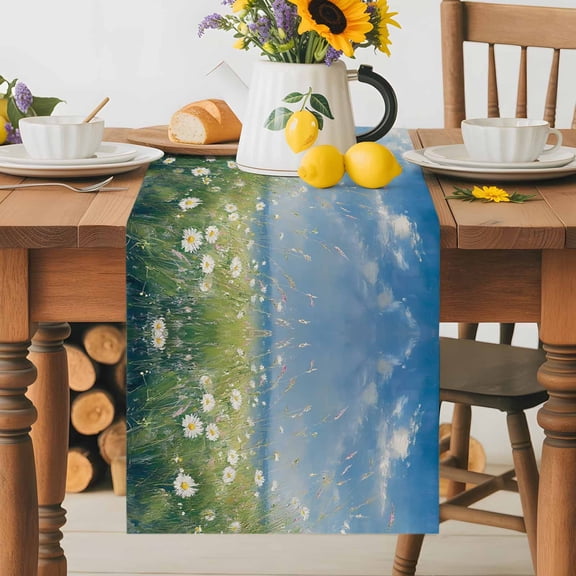 Country Flower Daisy Green Grass Table Runner 36 Inches Long, Watercolor Oil Painting Style Table Runners Tabletop Scarf Kitchen Dining Tables Decoration for Home Party Indoor Outdoor