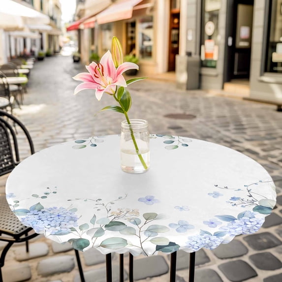 Country Flower Eucalyptus Leaf Round Fitted Tablecloth with Elastic Edge,Waterproof Table Cloth Fits Tables Up to 55"-60",Wipeable Washable Table Cover for Indoor Outdoor,Hydrangea Floral on White