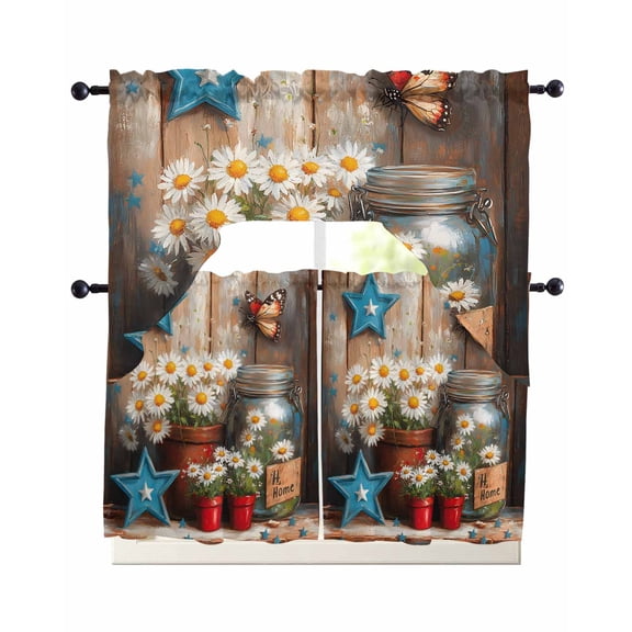 Country Flower Kitchen Curtains Swag Valance and Tier Curtains Set 24 Inch Length, Western Texas Star Butterfly Barn Door Rod Pocket Drape Panels Pair Swag Curtain for Bathroom/Cafe/Window