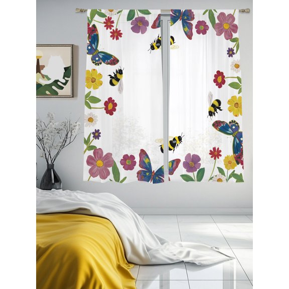 Country Flower Leaf Butterfly Bee Chiffon Sheer Curtains 63 Inches Long Pastoral Colorful Wildflower Rod Pocket Window Curtains Voile Drapes Curtains for Living Room Bedroom,2 Panels