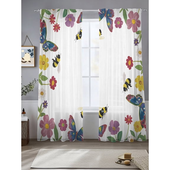 Country Flower Leaf Butterfly Bee Chiffon Sheer Curtains 84 Inches Long Pastoral Colorful Wildflower Rod Pocket Window Curtains Voile Drapes Curtains for Living Room Bedroom,2 Panels