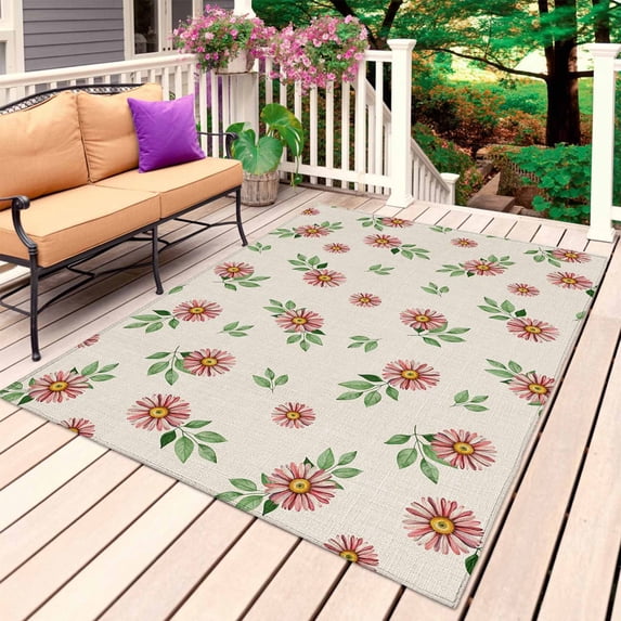 Country Flower Outdoor Rug for Patio/Deck/Porch, Non-Slip Large Area Rug 6 x 9 Ft, Pink Daisy Floral Retro Plant Leaf Indoor Outdoor Rugs Washable Area Rugs, Reversible Camping Rug Carpet Runner