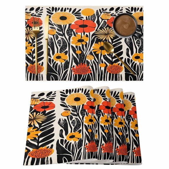 Country Flower Placemats Set of 6, Rustic Watercolor Orange Yellow Floral Black Leaf Plant Linen Texture Non-Slip Place Mats Washable Table Mats for Kitchen Dining Table Decorations Indoor/Outdoor