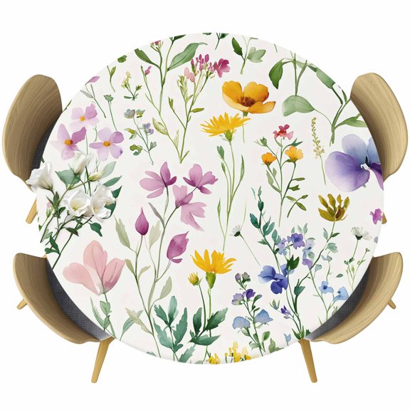 Country Flower Round Tablecloth 36-44 Inch Round Fitted Table Cloth with Elastic Edge, Farm Leaf Botanical Pastoral Painting Waterproof Table Cover Protector for Outdoor Picnic Party Dining