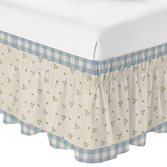 Country Flower Ruffle Bed Skirt California King Size Farmhouse Rustic Blue Gingham Checkered Borders Adjustable Elastic Dust Bed Skirts Wrap Around Bedskirt Wrinkle Free Easy Fit with 18 Inch Drop