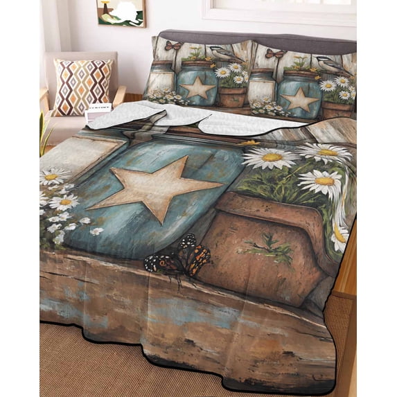 Country Flower Twin XL Size Down Alternative Comforter,Lightweight Comforter Quilt Bedding Set with Pillow Shams Retro Western Texas Star Butterfly Bird All Seasons Bed Comforter Duvet Insert 68"x98"