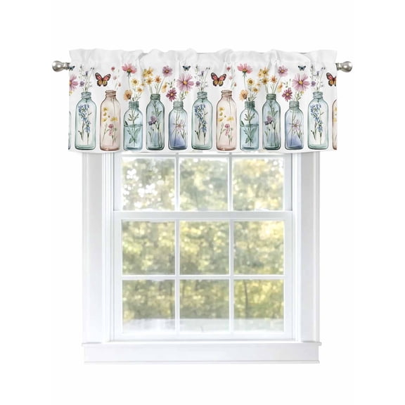 Country Flower Vase Valances for Windows, Rod Pocket Kitchen Valance Curtains - Soft & Washable Small Window Treatment for Living Room, Bathroom, Butterfly , 42x12 Inch, 1 Panel
