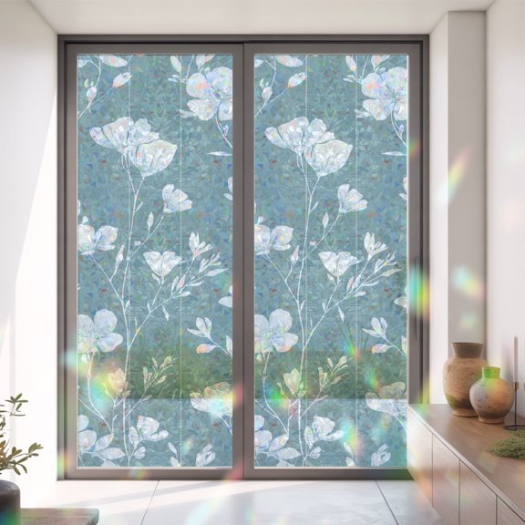 Country Flower Watercolor Blue Window Privacy Film,Decorative Windows Static Cling Farmhouse Herb Leaves Heat Control Removable Glass Sticker for Home Bathroom Bedroom Window Door,35x79in