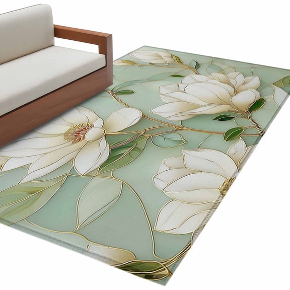 Country Flowers Area Rug 4x6 Washable Rug Non Slip Green Magnolia Flowers Rustic Botanical Large Area Rug Indoor Floor Carpet for Entryway Bedroom Kitchen Living Room Home Office Dining Room Nursery