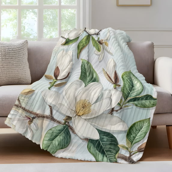 Country Flowers Fleece Throw Blanket for Couch, Spring Botanical Magnolia Branches Microfiber Flannel Blanket for All Season, Lightweight Soft Throw Blankets for Bed, Sofa, Travel, 50"x60"