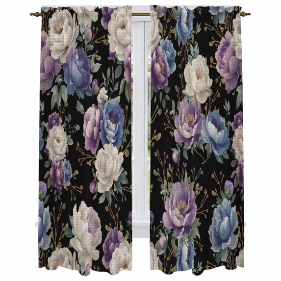 Country Flowers Kitchen Curtain for Berdoom Living Room Cafe 72 Inch Length, Botanical Purple Blue Floral Black Tiers Curtains Light Filtering Drapes Rod Pocket Window Treatment 2 Panels 52"Wx72"L