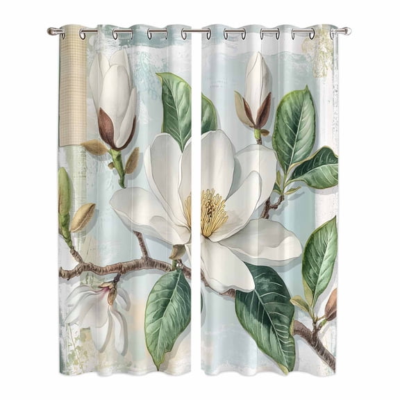 Country Flowers Kitchen Curtains 84 Inch Length, Spring Botanical Magnolia Branches Grommet Top Bedroom Living Room Curtains, Light Filtering Cafe Curtain Drapes 2 Panels Set 84''x84''