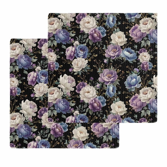 Country Flowers Kitchen Dish Towels for Drying Dishes Set of 2, Botanical Purple Blue Floral Black Waffle Weave Microfiber Hand Tea Bathroom Towels Quick Dry & Absorbent Towel 12x12