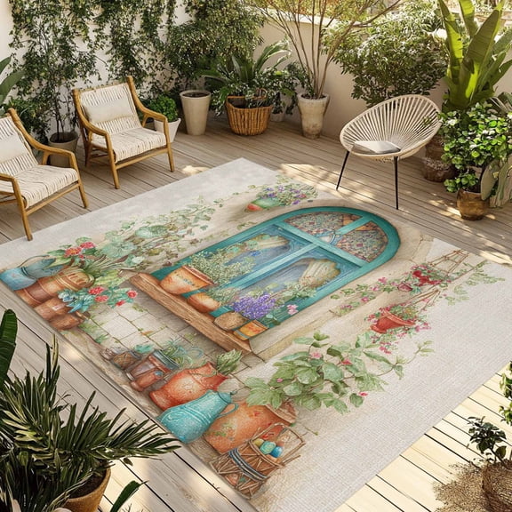 Country Flowers Outdoor Rug for Patio/Deck/Porch, Non-Slip Large Area Rug 3 x 5 Ft, Farmhouse Floral Windows Pots Plants Indoor Outdoor Rugs Washable Area Rugs, Reversible Camping Rug Carpet Runner
