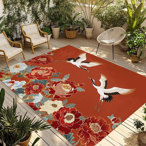 Country Flowers Outdoor Rug for Patio/Deck/Porch, Non-Slip Large Area Rug 5 x 7 Ft, Red Japanese Peony Floral White Bird Indoor Outdoor Rugs Washable Area Rugs, Reversible Camping Rug Carpet Runner