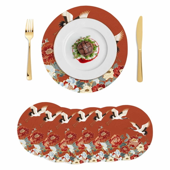 Country Flowers Round 13 Inch Placemats Set of 6, Red Japanese Peony Floral White Bird HeatResistant Non Slip Place Mats for Dining Table, Wipeable Braided Kitchen Table Mats for Housewarming